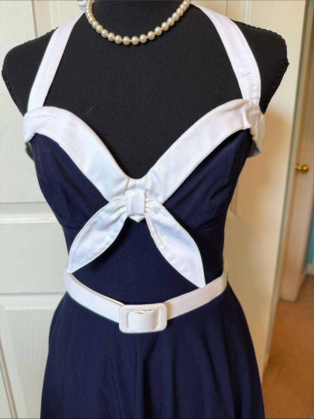 Pinup Couture Rockabilly Navy and White Sailor Halter Retro 1950s Swing Dress - Picture 3 of 9